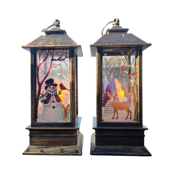 None Other - Set Of 2 LED Christmas Lanterns With Snowman & Deer Scenes Battery Operated